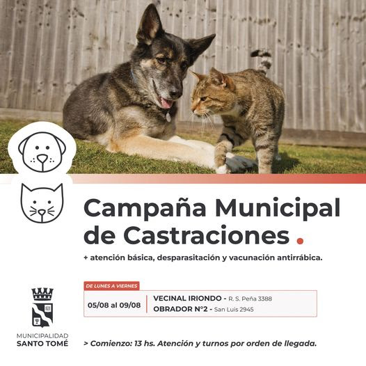 La Campaña Municipal de Castraciones seguirá atendiendo en la Vecinal Iriondo y el Obrador Nº 2